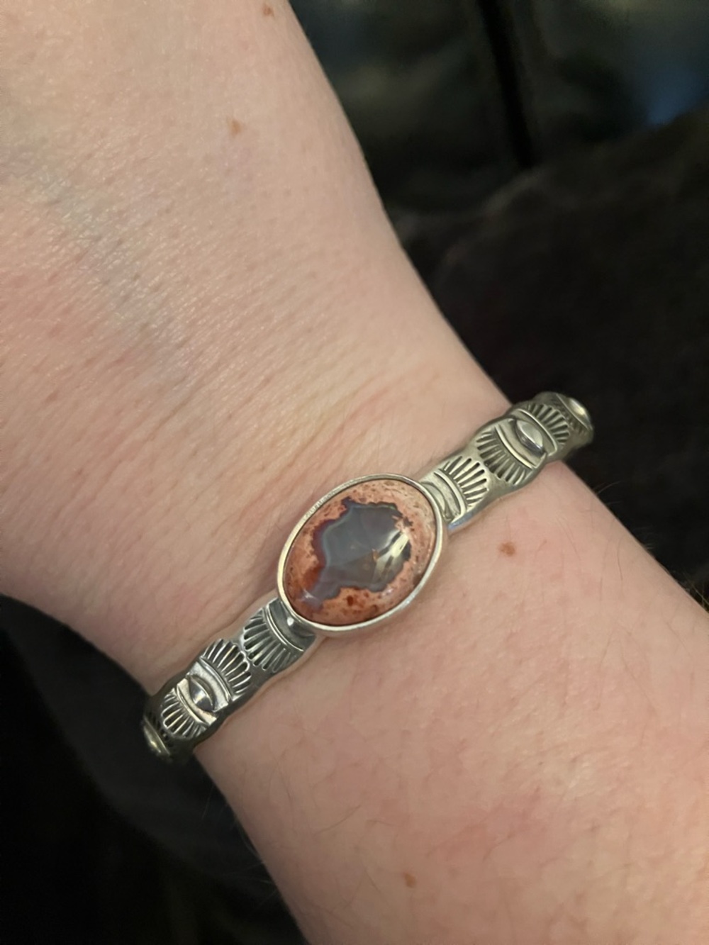 *CONSIGNED* Wolf brand silver cantera opal stamped Sterling silver cuff